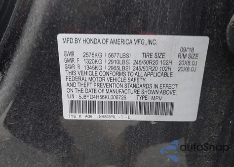 2019 Acura Mdx Tech Pkg from USA, damaged, VIN 5J8YD4H56KL006726
